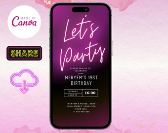 Modèle d'invitation d'anniversaire numérique Puple néon, invitation par SMS pour téléphone, lueur violette, fête ado, fête de filles, mobile tout âge