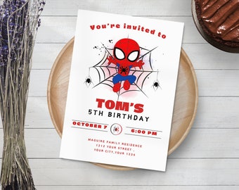 Modèle modifiable d'invitation d'anniversaire Spider man, faire-part d'anniversaire imprimable, carte Spiderman, modèle d'invitation de fête numérique pour enfants