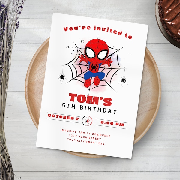 Modello modificabile di invito di compleanno di Spider man, invito alla festa di compleanno stampabile, carta Spiderman, modello di invito a una festa digitale per bambini
