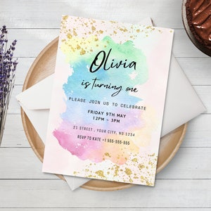 Regenbogen Geburtstagseinladung | Bunte Aquarell-Gold-Glitzer-Streuseln | 1 Geburtstag | Geburtstag | Ombre Pastell Einladung