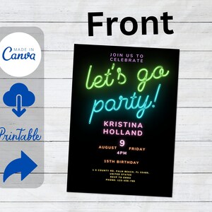 Glow Neon Birthday Party Invitation, Printable Neon Glow Black Party ...