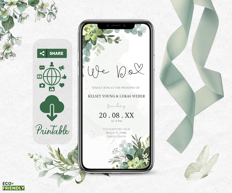 DIY Digital Wedding Invitation, We Do Digital Invitation, Greenery invitation Template, Eucalyptus Mobile Invite, Instant Download, DIY 2023 zdjęcie 2