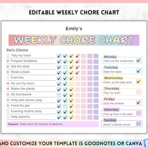 Editable Chore Chart List for Kids, Kids Daily Weekly Responsibility ...