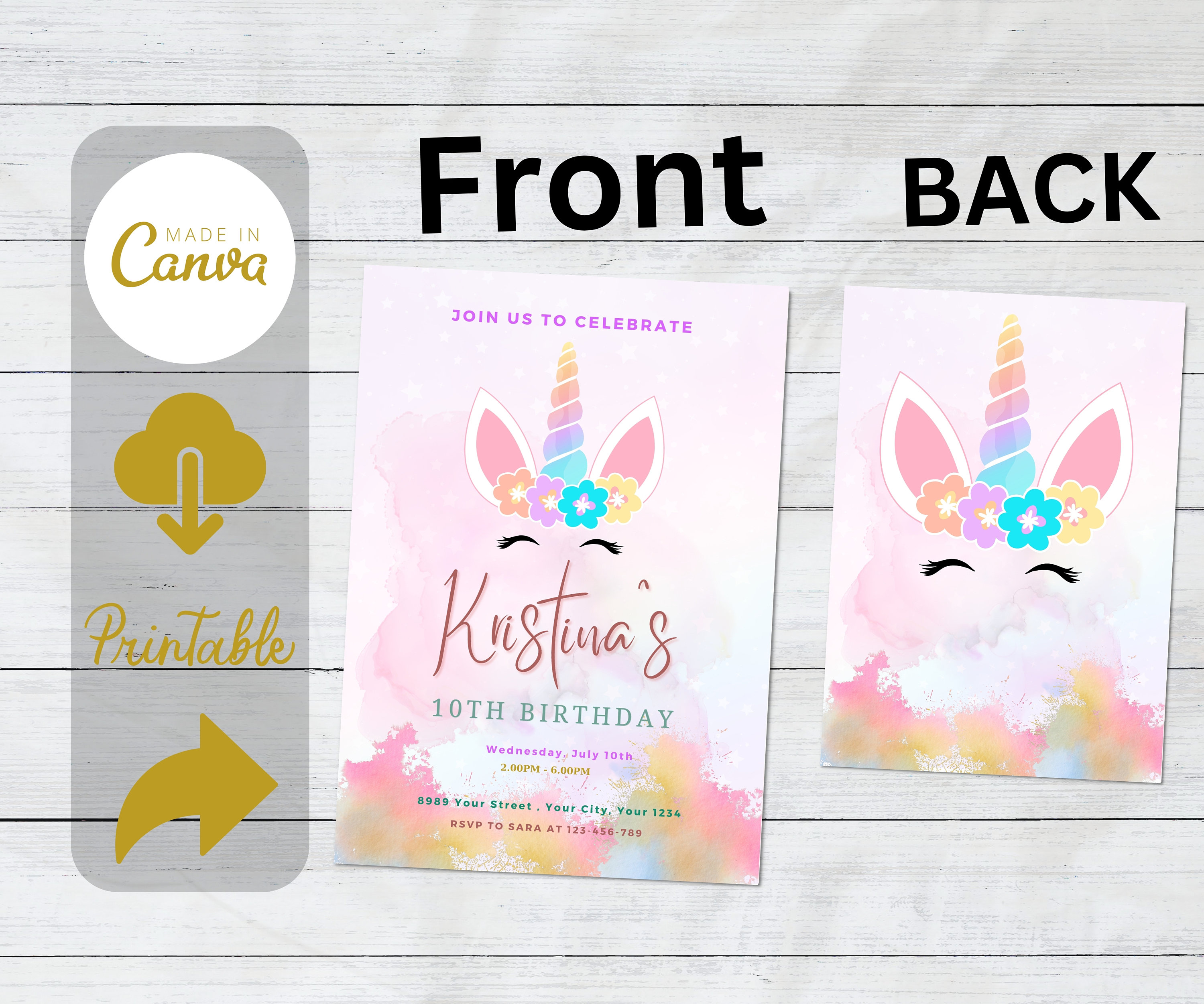 Editable Rainbow Unicorn Invitation, Printable Unicorn Colorful Birthday Template, Rainbow ...