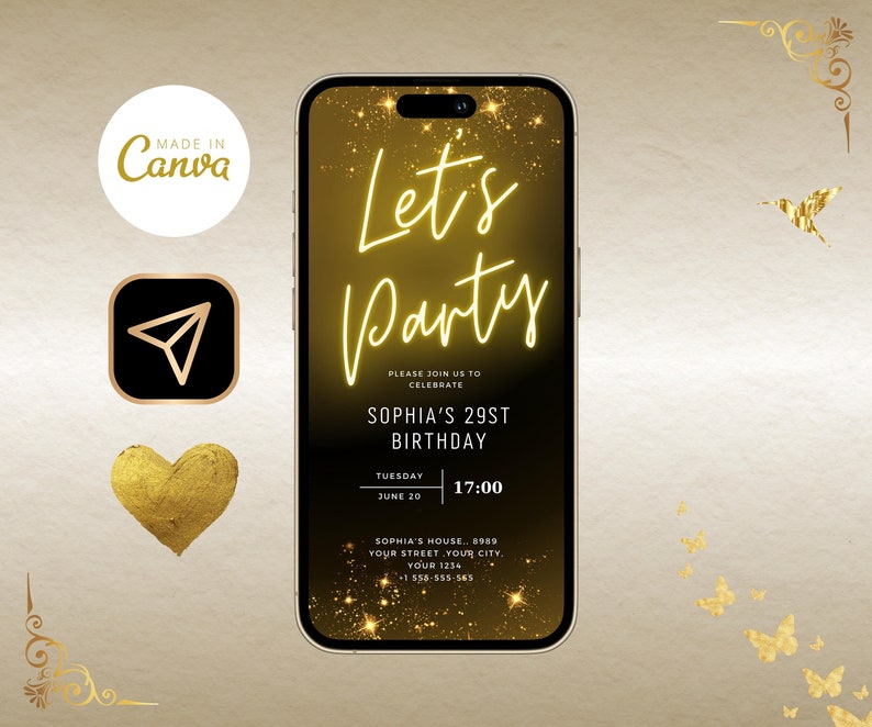 Neon Gold Light Digital Party e-invite Vorlage, Geburtstags-Textnachricht-Einladung, herunterladbare Telefon-Party Evite, schwarzes Neon-Gold e-Invite Bild 1