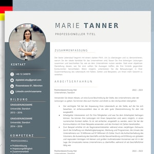 Plantilla de solicitud creativa en alemán con CV tabular, carta de motivación, portada y archivos adjuntos para Word y Pages.