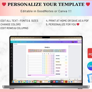 Editable Chore Chart List for Kids, Kids Daily Weekly Responsibility ...