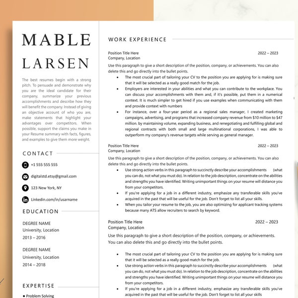 Resume Template Apple Pages & Word 1 Page, 2 Page, and 3 Page | Modern Professional Resume CV Template for Executive, CEO, Sales, HR Manager