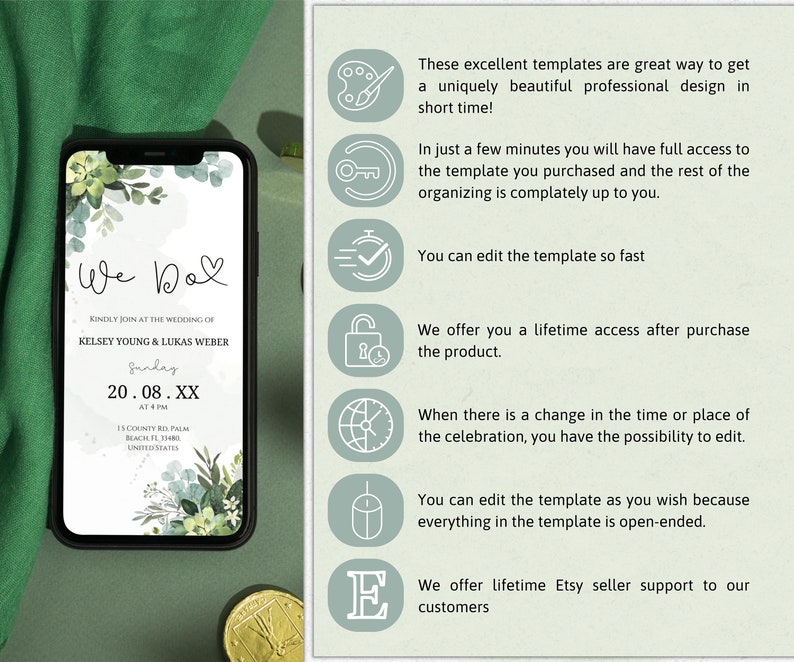 DIY Digital Wedding Invitation, We Do Digital Invitation, Greenery invitation Template, Eucalyptus Mobile Invite, Instant Download, DIY 2023 zdjęcie 3