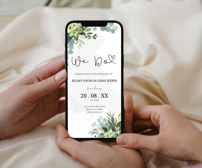 DIY Digital Wedding Invitation, We Do Digital Invitation, Greenery invitation Template, Eucalyptus Mobile Invite, Instant Download, DIY 2023 zdjęcie 10