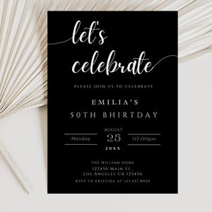 Célébrons le modèle d'invitation pour adulte, invitation de fête d'anniversaire surprise noire modifiable, invitations d'anniversaire pour adultes, 30e 40e 50e invitation