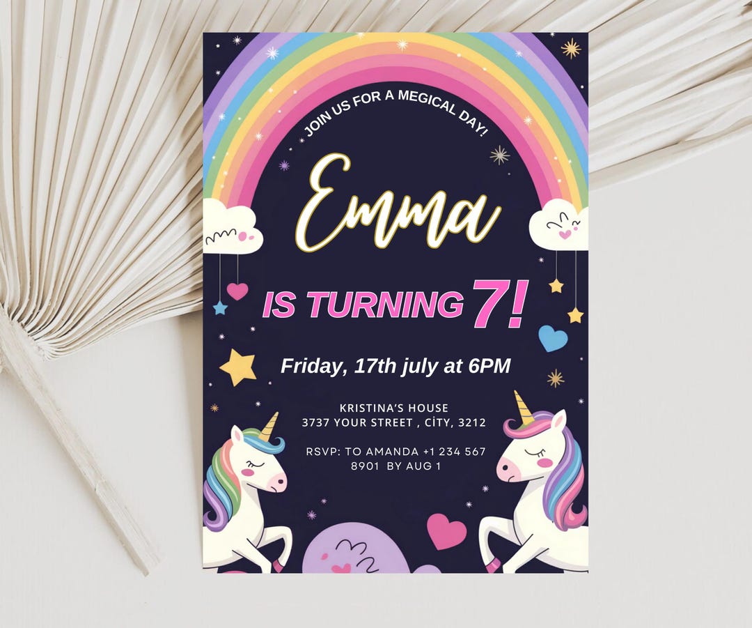 Editable Unicorn Girl’s Birthday Pink Party Invitation Template ...