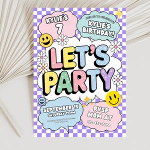 Invitación con letras de parches preppy editables digitales / Invitación de cumpleaños con parches universitarios retro / Invitación editable con cara sonriente para "Let's Party"