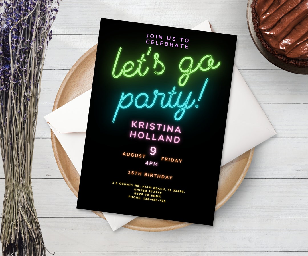 Glow Neon Birthday Party Invitation, Printable Neon Glow Black Party ...