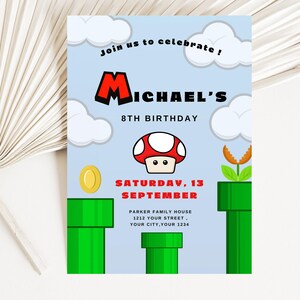 Mario Bros Invitation, Super Mario Birthday Invitation, Super Brothers boy Invite, Video Game, Kid Invite, Editable Template, Editable Canva