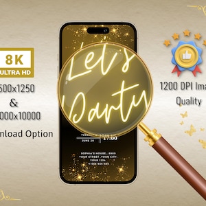 Neon Gold Light Digital Party e-invite Vorlage, Geburtstags-Textnachricht-Einladung, herunterladbare Telefon-Party Evite, schwarzes Neon-Gold e-Invite Bild 3