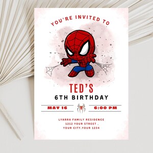 Zaproszenie na urodziny Spidey'a Zaproszenie na akwarele Spidey'a Zaproszenie na przyjęcie urodzinowe Spider-Mana Szablon do edycji Spidey'a dla dzieci Natychmiastowe pobranie