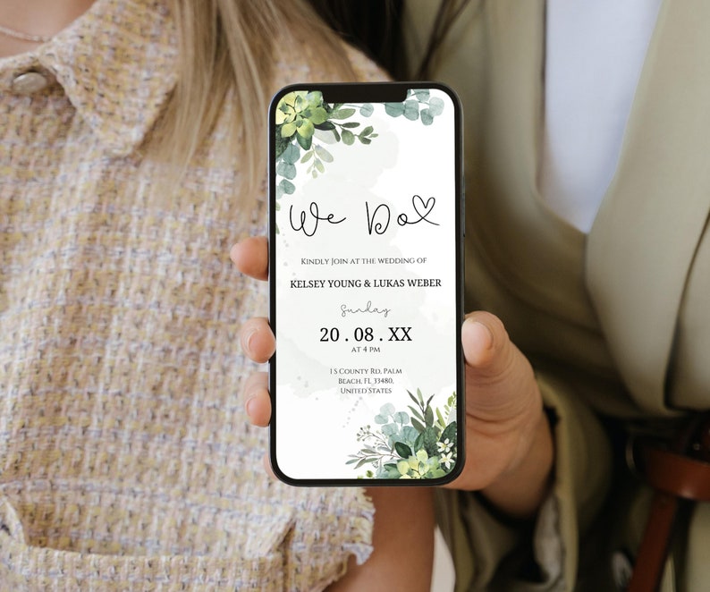 DIY Digital Wedding Invitation, We Do Digital Invitation, Greenery invitation Template, Eucalyptus Mobile Invite, Instant Download, DIY 2023 zdjęcie 4