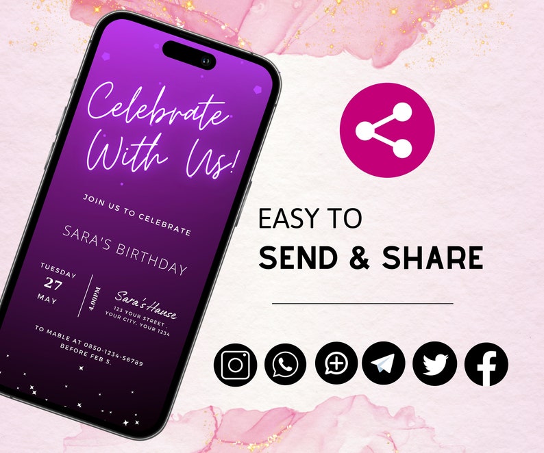 Neon Birthday Invitation Purple Neon Digital Invitation Text Etsy