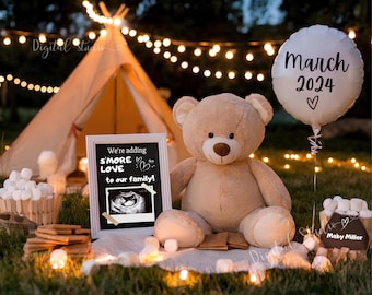 Editable Pregnancy Announcement Digital Reveal For Social Media, Baby Announcement Digital Bohemian Gender Neutral Image Bear Heart Template