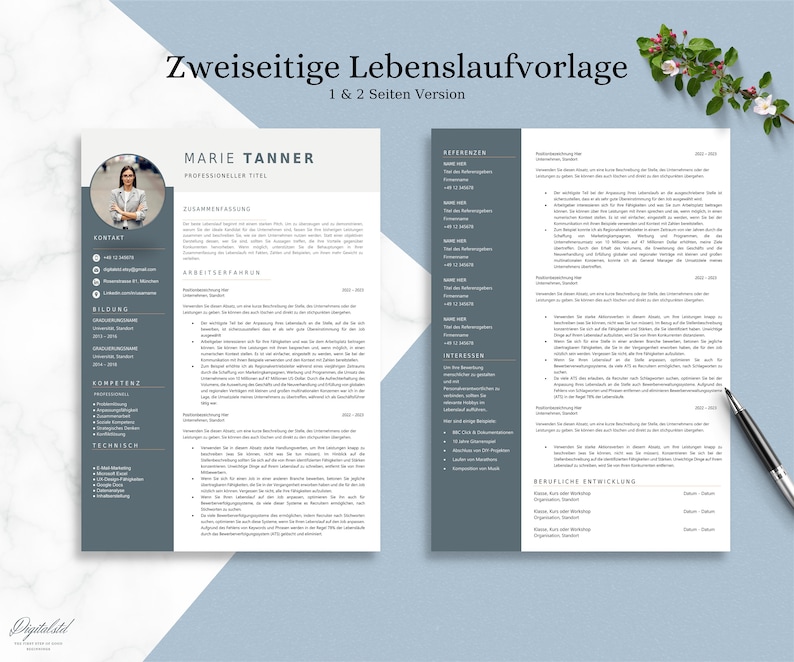 Kreative Bewerbungsvorlage auf Deutsch mit tabellarischem Lebenslauf, Motivationsschreiben, Deckblatt und Anhänge für Word und Pages Bild 3