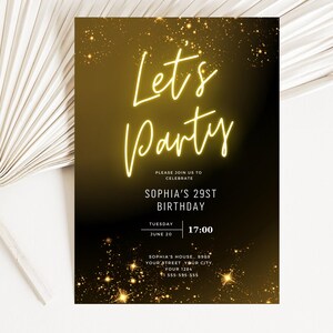 Bearbeitbare Neon Gold Light Digital Party Vorlage, druckbare Geburtstags-Neon Gold-Geburtstagseinladung, Schwarz Gold Neon Einladungsvorlage