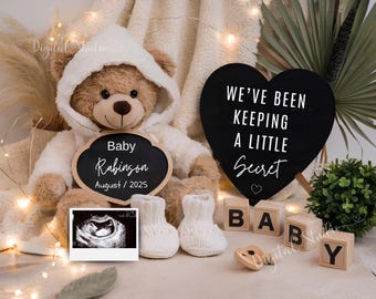 Editable Pregnancy Announcement Digital Reveal For Social Media, Baby Announcement Digital Bohemian Gender Neutral Image Bear Heart Template