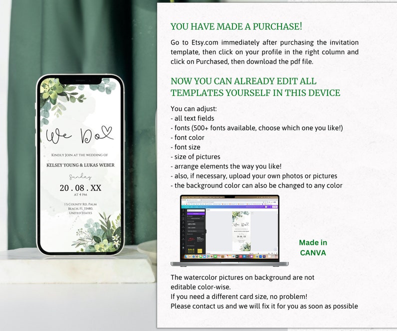 DIY Digital Wedding Invitation, We Do Digital Invitation, Greenery invitation Template, Eucalyptus Mobile Invite, Instant Download, DIY 2023 zdjęcie 5