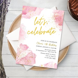 Modèle d'Invitation Célébrons la rose poudré, invitation de fête d'anniversaire en or rose modifiable, fête de baby shower imprimable tout âge or pailleté