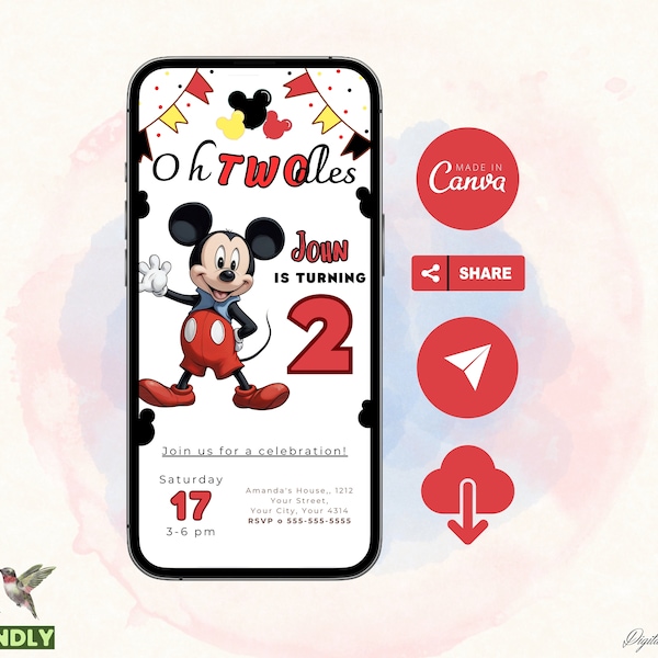 Mickey Birthday Invitation, Mickey Birthday Invitations, Digital Kids Party Invite, Mouse Template, Instant Download, Evite Birtday Card