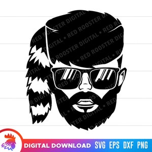May include: Black and white silhouette of a man wearing sunglasses and a fur hat. The man has a beard and moustache.