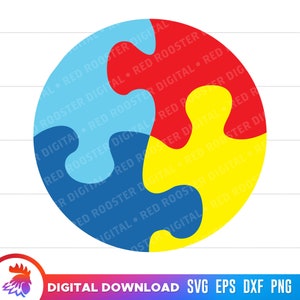 May include: A colorful graphic of a puzzle with four pieces in red, yellow, and two shades of blue. The text "DIGITAL DOWNLOAD SVG EPS DXF PNG" is at the bottom. The image has a white background and a logo in the bottom left corner.