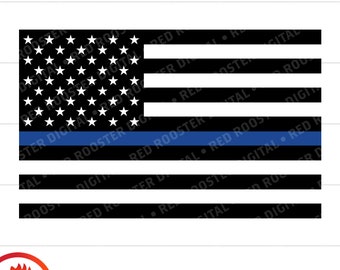 May include: Black and white American flag with a blue stripe across the middle. The flag has 13 stripes and 50 stars. The text "RED ROOSTER DIGITAL" is repeated around the flag.