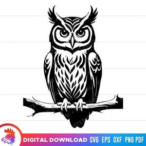 Svg hibou, hibou assis sur une branche d'arbre, hibou grand duc, hibou svg pour cricut, hibou png, clipart hibou, hibou couper fichier, svg pour cricut, vecteur, png