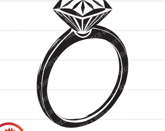 Pode incluir: Uma ilustração em preto e branco de um anel com um grande diamante no topo. O anel é uma banda simples com uma borda arredondada.
