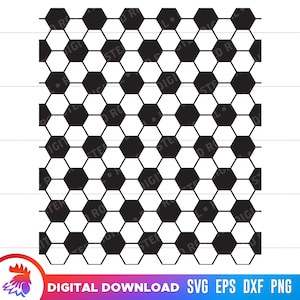May include: Black and white soccer ball pattern. The pattern is made up of repeating hexagons.