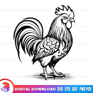 May include: Black and white line art illustration of a rooster with a large, detailed comb and wattle. The rooster is standing with its tail feathers spread out behind it.