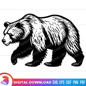 May include: Black and white silhouette of a bear walking to the right. The bear is drawn in a detailed style with fur texture.