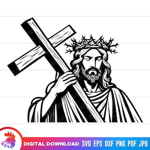 Jesus Carrying the Cross svg, Jesus Christ svg, Crown of Thorns, Christian Easter, laser cut file, svg for cricut, Christ on Cross, png, dxf