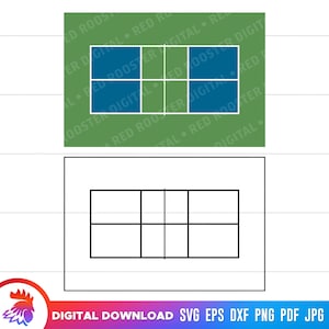 May include: A black and white line drawing of a tennis court with a net and lines dividing the court into nine sections.