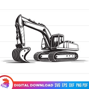 May include: Black and white illustration of an excavator with a large digging arm and a set of tracks.
