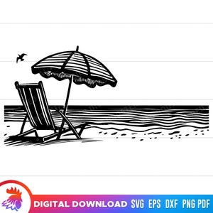 Beach Chair and Umbrella, Beach Landscape svg, Ocean View, Beach theme svg, Beach Landscape Clipart, svg file for cricut, beach, vector, png