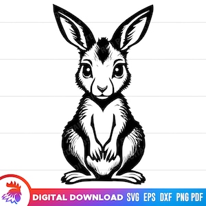 May include: Black and white illustration of a rabbit sitting with its paws crossed in front of it. The rabbit has large ears and a fluffy tail.