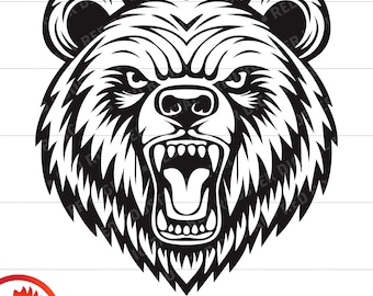 May include: Black and white illustration of a bear's head with a fierce expression. The bear has a wide open mouth with sharp teeth and a furrowed brow.