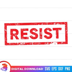 Op de afbeelding: Rode rubberen stempel met het woord "RESIST" in een vet, verweerd lettertype. De stempel is rechthoekig met een licht vervaagde, versleten uitstraling.