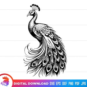May include: Black and white silhouette of a peacock with its tail feathers spread out. The peacock is facing to the right and has a detailed design.