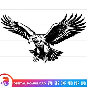 May include: Black and white silhouette of an eagle with wings spread wide, in flight. The eagle is facing left and has sharp talons.