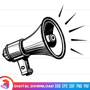 May include: A black and white illustration of a megaphone with a stylized design. The megaphone is angled towards the right and has a large, round speaker. There are five stylized rays of light emanating from the speaker.
