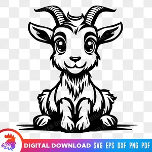 May include: A black and white illustration of a cartoon goat sitting with its legs crossed. The goat has large eyes and a friendly expression.