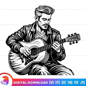 Man die gitaar speelt, gitaarmuzikant, man met gitaar, gitarist, gitaar SVG, gitarist SVG, clipart, PNG, DXF, cricut SVG, afdrukbaar